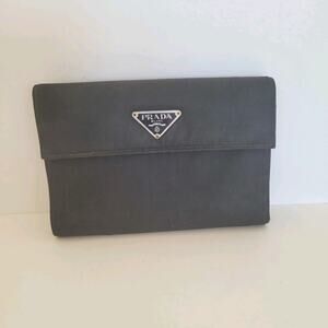 PRADA Tessuto Nero Black Leather Logo Plate Wallet Medium Envelope Medium Nylon